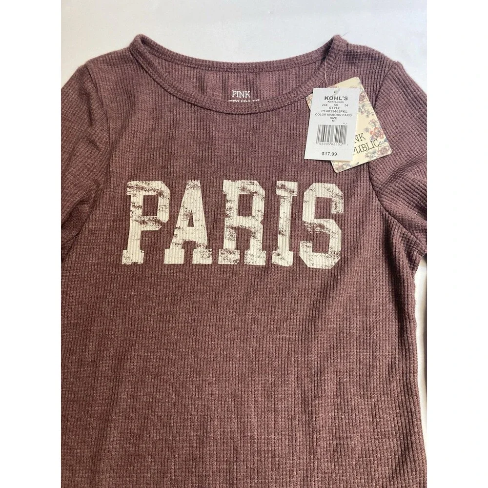 Pink Republic Women's Maroon Paris Graphic Scoop Neck Long Sleeve Knit Top M